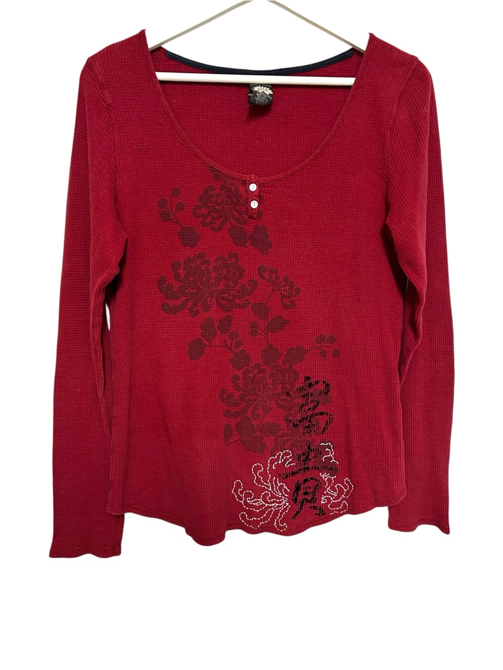 Y2K Lucky brand XL waffle thermal Henley Asian floral embroidery graphic grunge